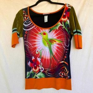 Vintage Custo Barcelona Jersey and Velvet Tee, Tropical Bird Print